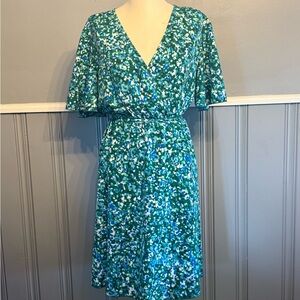 SHEIN Blue Flutter Sleeve Wrap Midi Dress